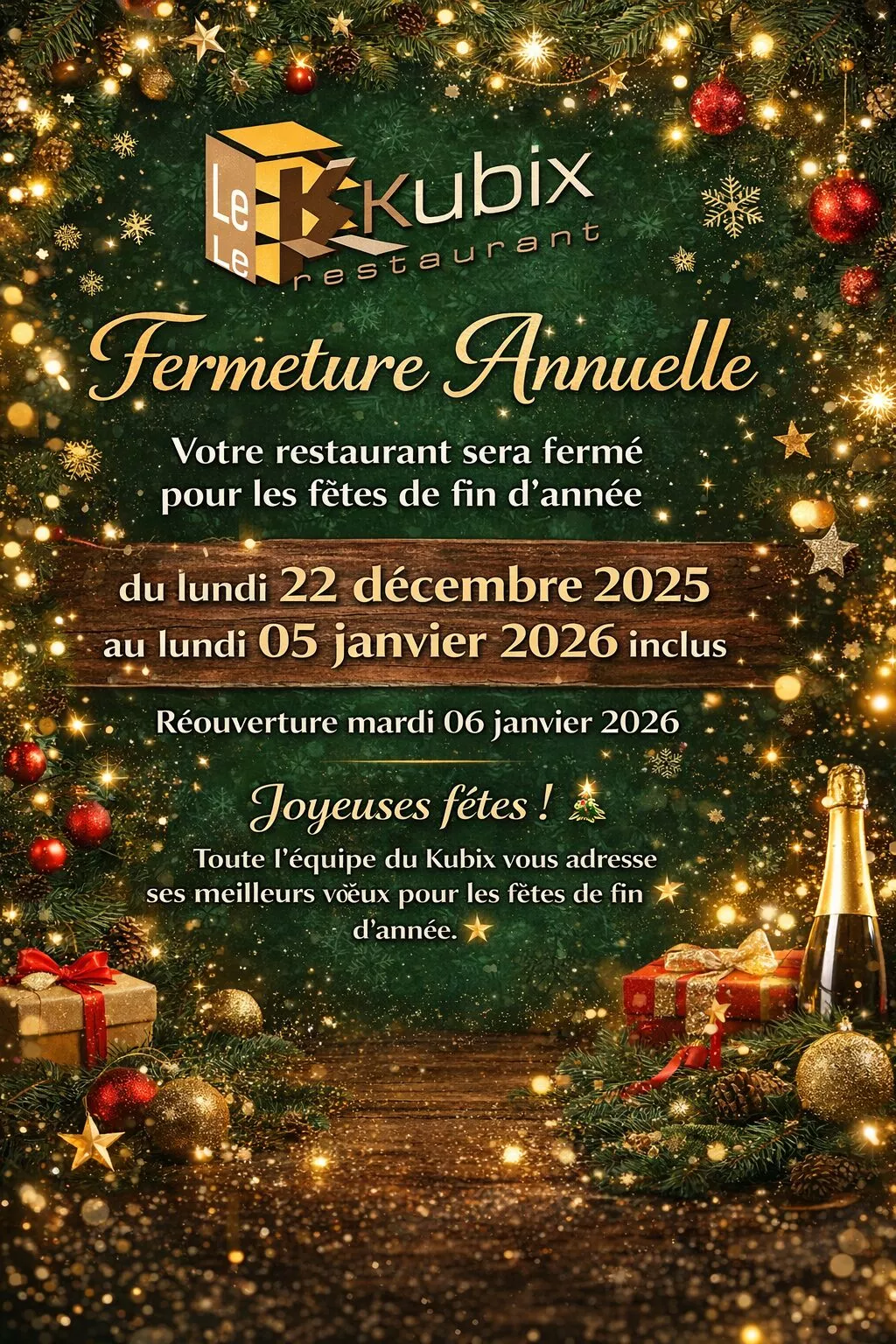 Image for Fermeture annuelle du restaurant Le Kubix